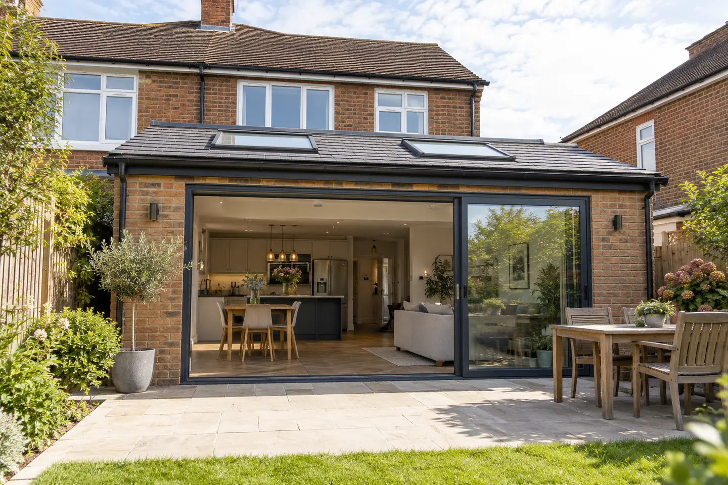 rear extension cost - completed British brick house extension with garden-facing glazing